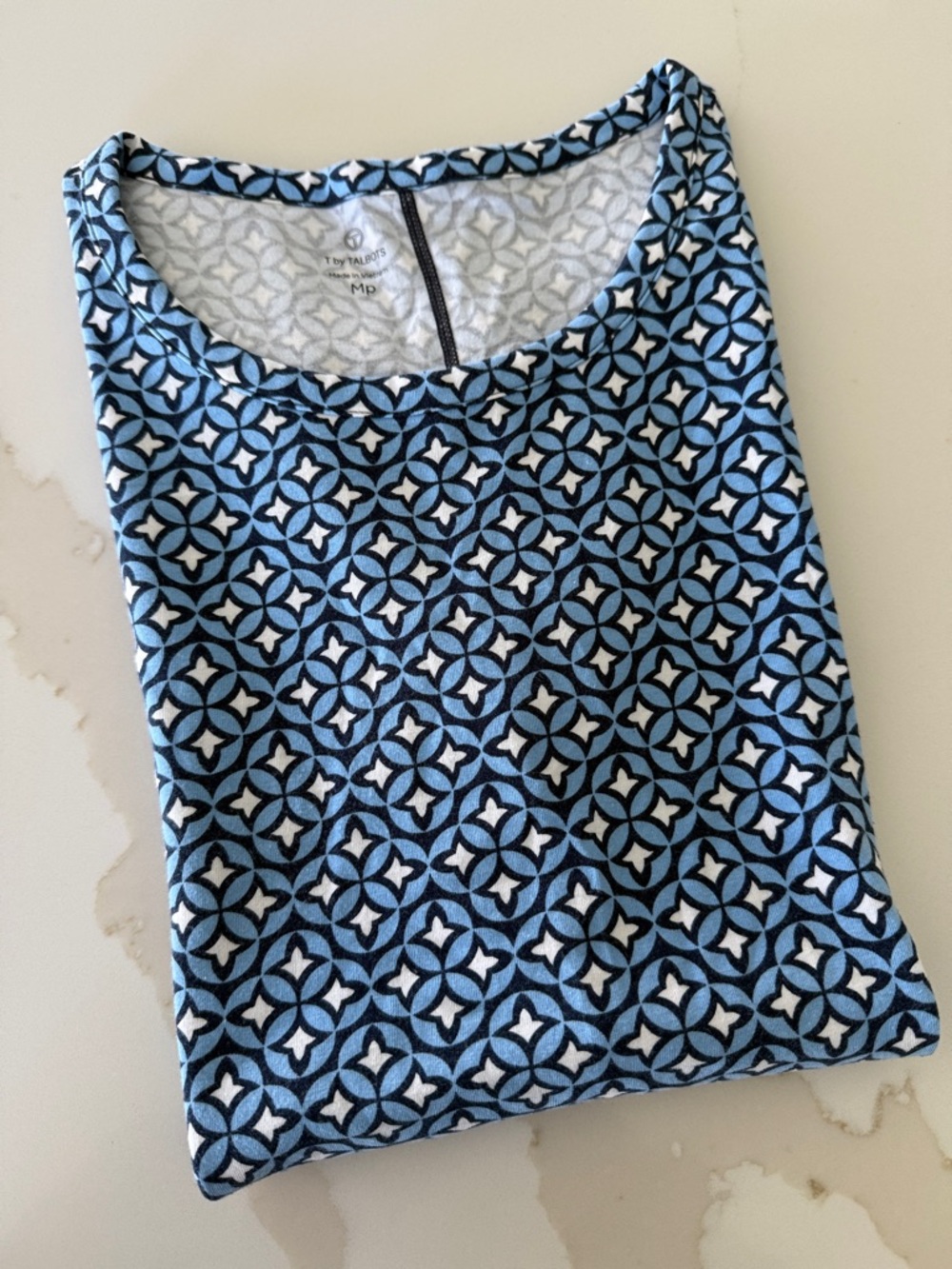 Talbots Blue and White Geometric Crewneck Top